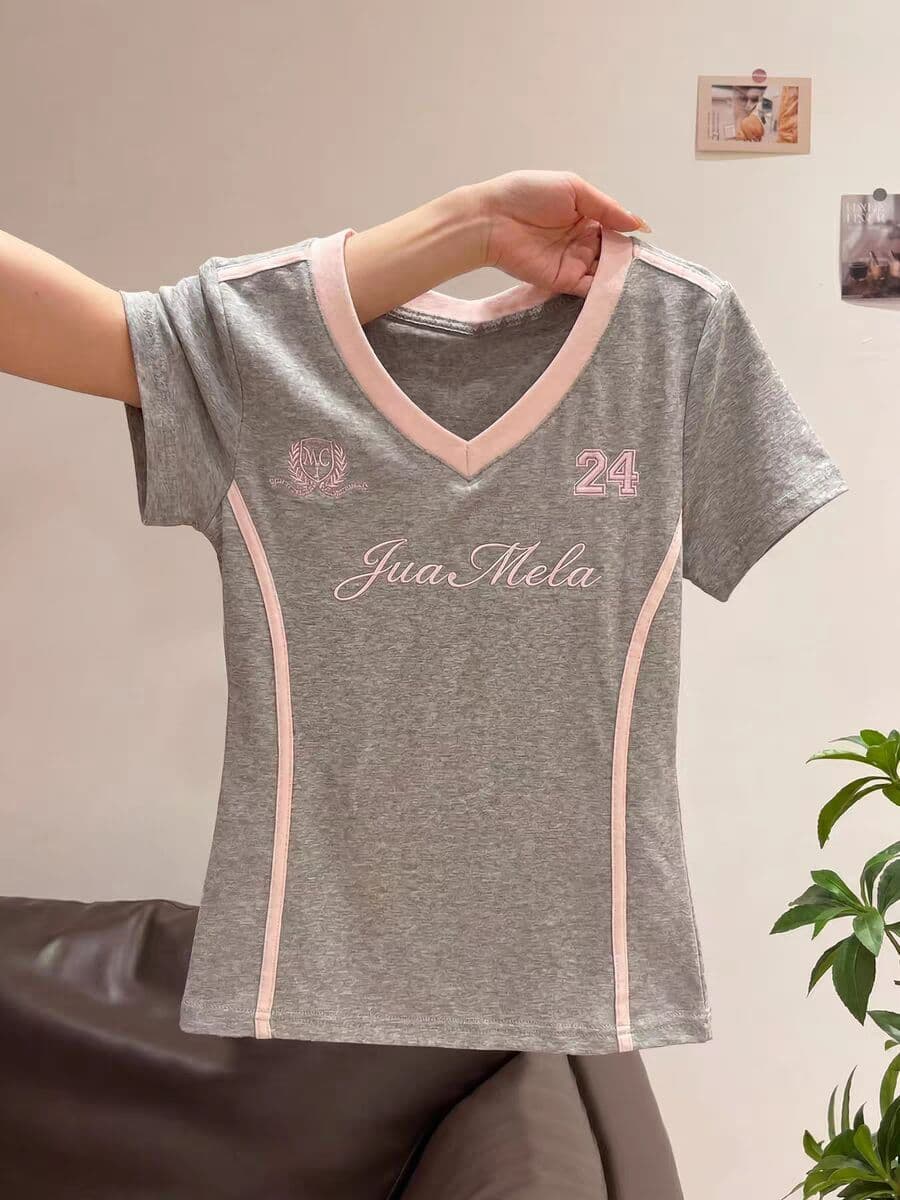 40 면 1 1 오스트리아 세대 서울 220 그램 이후 패키지 칼라 자수 네리 가게 천 V넥 알파벳 티셔츠 이미지 4
