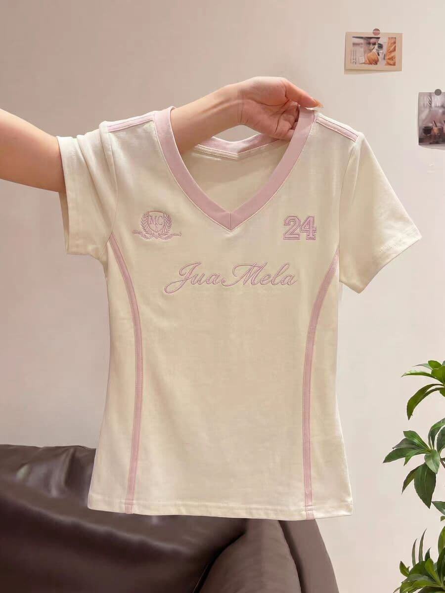 40 면 1 1 오스트리아 세대 서울 220 그램 이후 패키지 칼라 자수 네리 가게 천 V넥 알파벳 티셔츠 상세 이미지 1