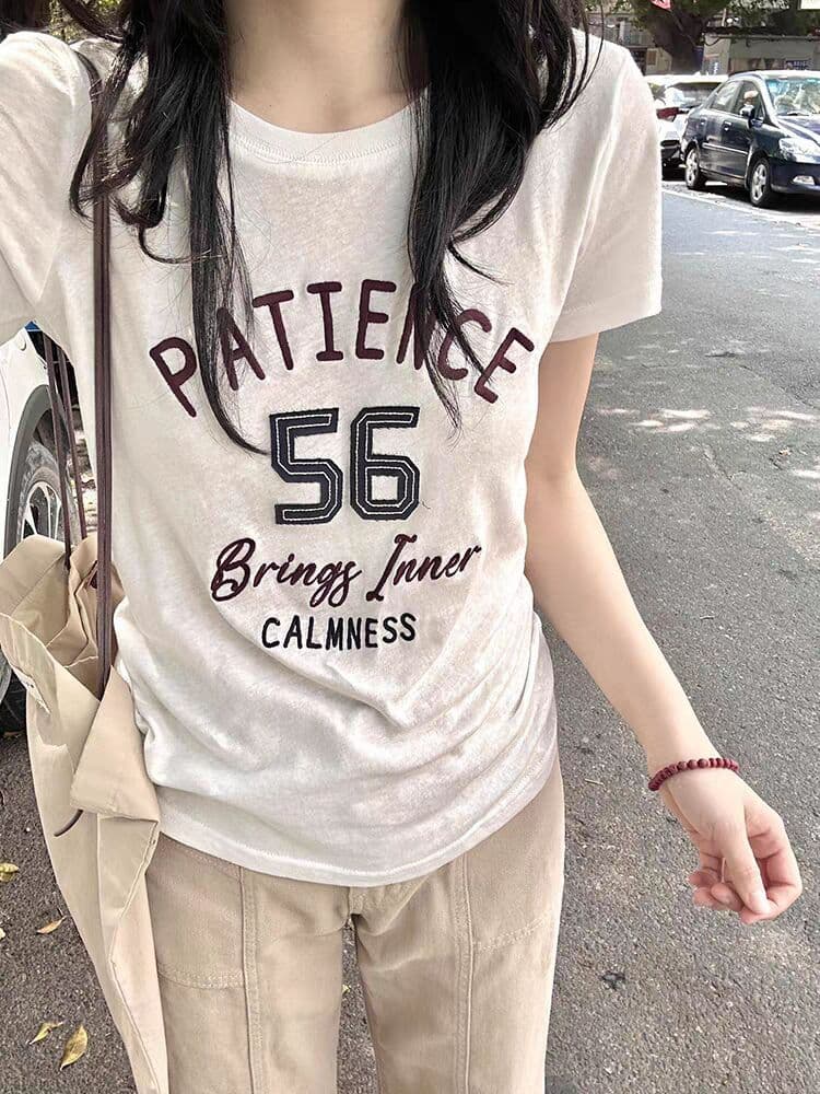 원본 광저우 원단 눈꽃 면 자수 네리 가게 천 한 부서 화이트 알파벳 반팔 여성 이미지 2