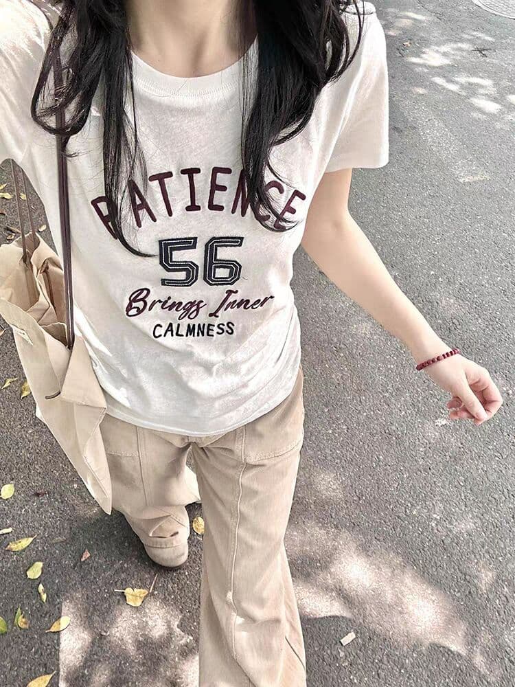 원본 광저우 원단 눈꽃 면 자수 네리 가게 천 한 부서 화이트 알파벳 반팔 여성 이미지 3