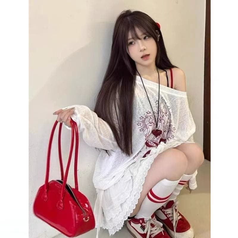 알파벳 나비 매듭 프린트 긴팔 티셔츠 여성 여름 비스듬한 칼라 자외선 차단 블라우스 여성 슈퍼 얇은 스타일 이미지 5