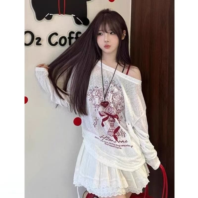 알파벳 나비 매듭 프린트 긴팔 티셔츠 여성 여름 비스듬한 칼라 자외선 차단 블라우스 여성 슈퍼 얇은 스타일 상세 이미지 4