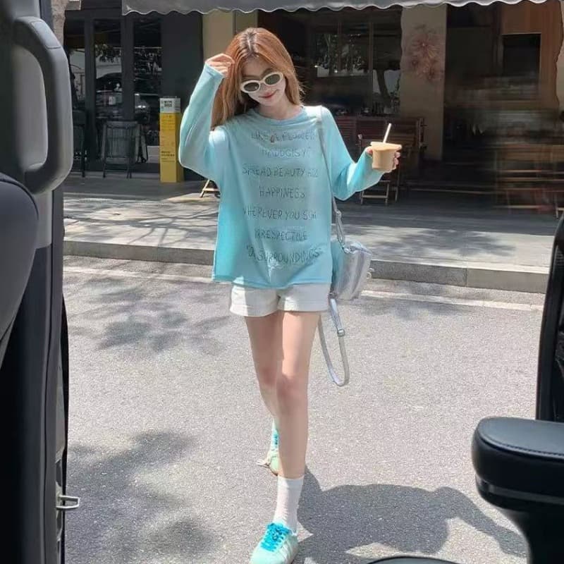 한 부서 파란색 얇은 스타일 긴팔 티셔츠 여성 2026 여름 루즈핏 자외선 차단 블라우스 맨위 동정 해변가 휴가 이미지 5