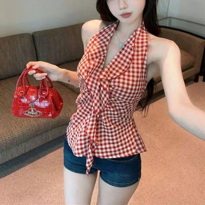 원본 원단 것 캐미솔 여름 새로운 아름다움 뒤로 빨간색 체크무늬 핫걸 민소매 행침 목 맨위 여성 이미지 3