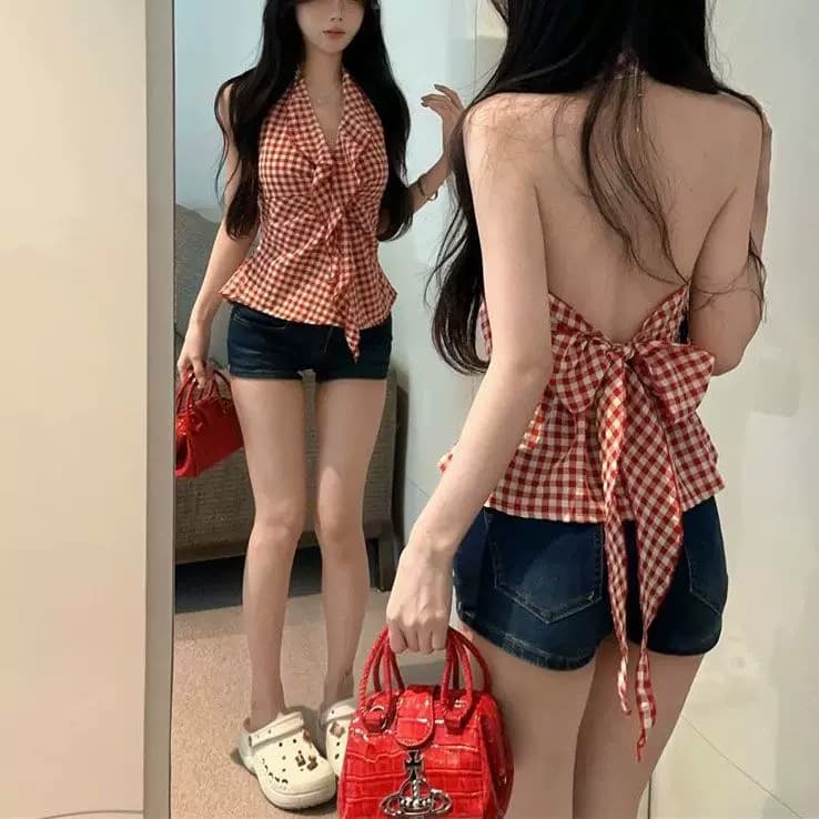 원본 원단 것 캐미솔 여름 새로운 아름다움 뒤로 빨간색 체크무늬 핫걸 민소매 행침 목 맨위 여성 상세 이미지 5