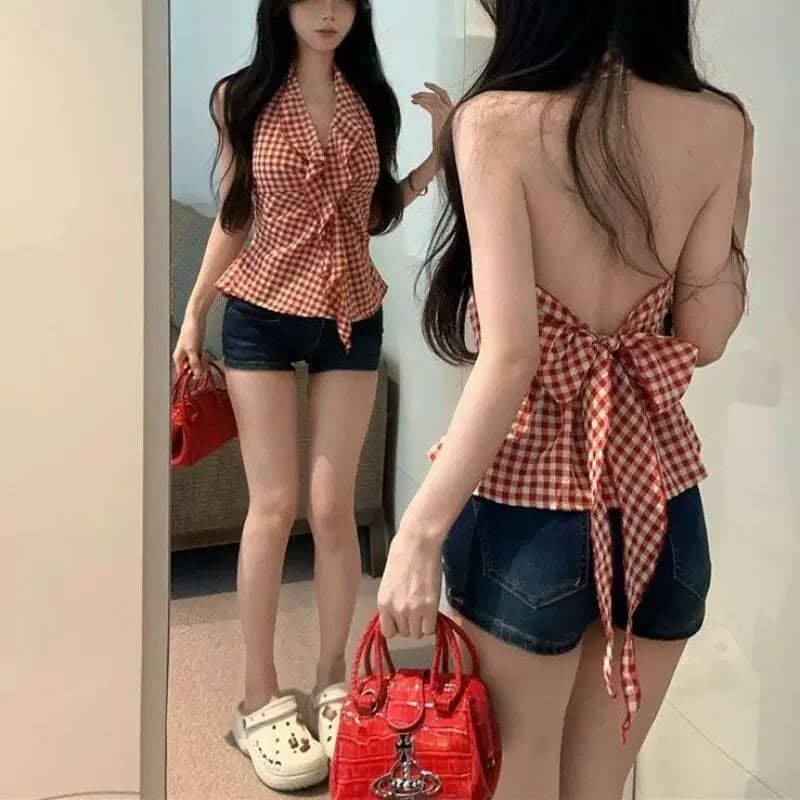 원본 원단 것 캐미솔 여름 새로운 아름다움 뒤로 빨간색 체크무늬 핫걸 민소매 행침 목 맨위 여성 상세 이미지 11