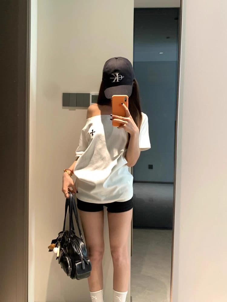220 그램 92 면 8 암모니아 Lun 아메리칸 핫걸 비스듬한 어깨 알파벳 프린트 반팔 티셔츠 여성 이미지 3
