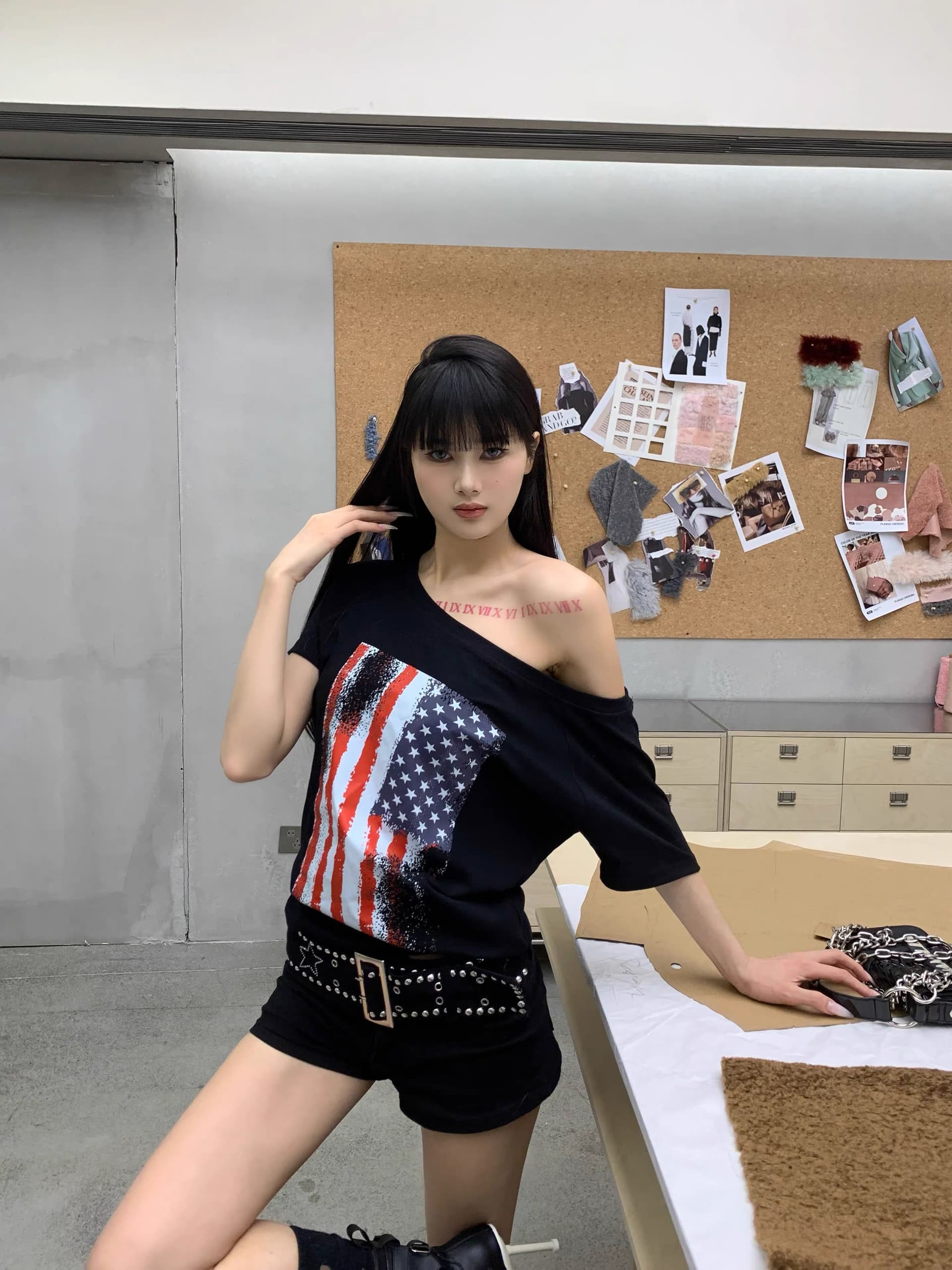 220 그램 92 면 8 암모니아 Lun 아메리칸 핫걸 비스듬한 어깨 알파벳 프린트 반팔 티셔츠 여성 상세 이미지 7