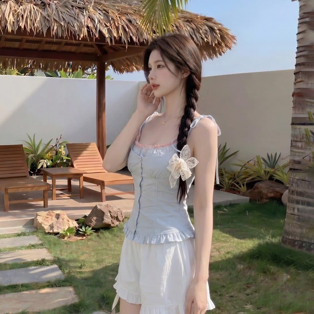 모방 주간 실크 원단 레이스 레이스 프랑스식 꽃무늬 페이크 레이어드 캐미솔 연령 감소 허리 수축 쇼트 스타일 맨위 이미지 3