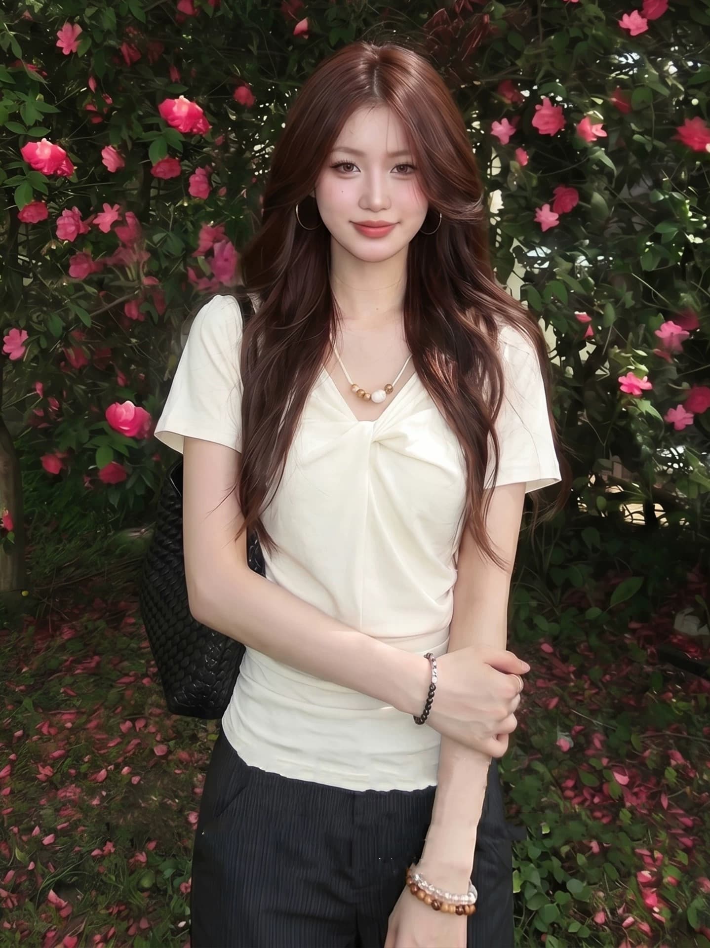 260 그램 사람들 면 V넥 비틀림 반팔 티셔츠 여성 여름 디자인 센스 주름 허리 수축 몸매 가꾸기 슬림해 보이는 품격 맨위 이미지 2