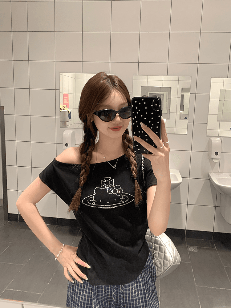 아메리칸 핫걸 비스듬한 칼라 오프숄더 고양이 핫픽스 반팔 티셔츠 여성 디자인 센스 몸매 가꾸기 슬림해 보이는 맨위 여름 상세 이미지 3