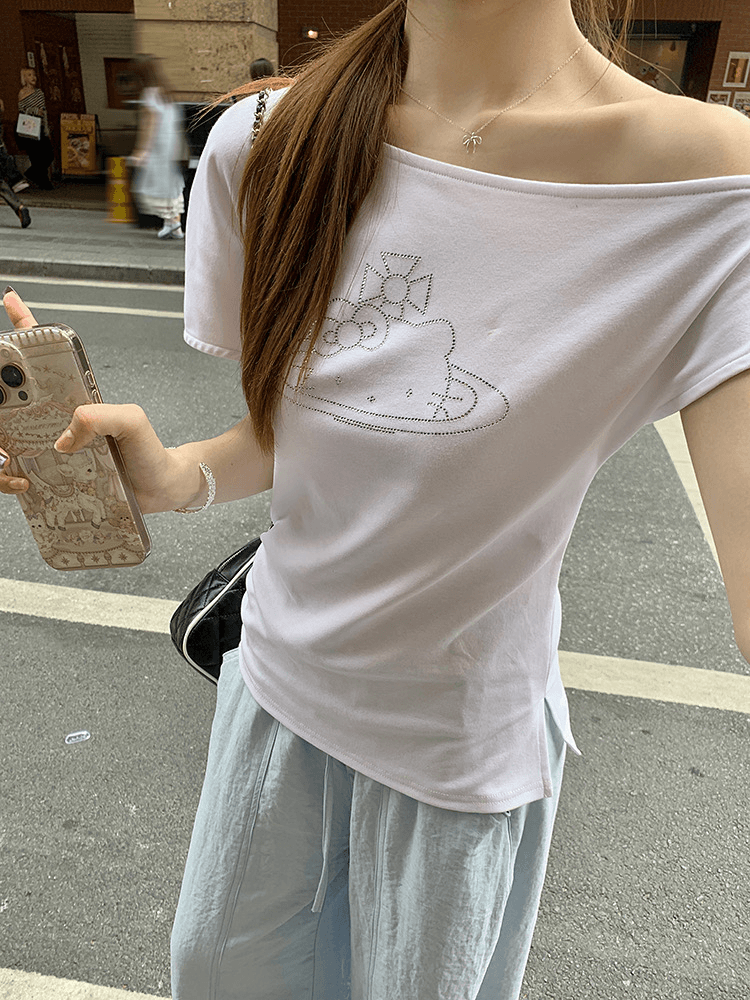 아메리칸 핫걸 비스듬한 칼라 오프숄더 고양이 핫픽스 반팔 티셔츠 여성 디자인 센스 몸매 가꾸기 슬림해 보이는 맨위 여름 상세 이미지 14