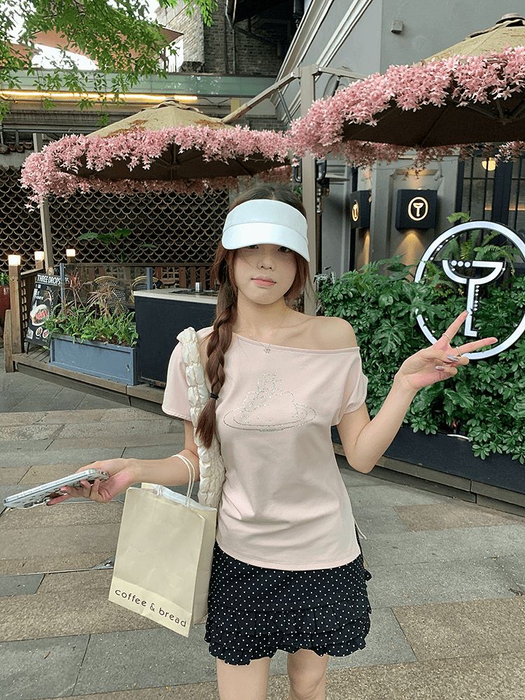 아메리칸 핫걸 비스듬한 칼라 오프숄더 고양이 핫픽스 반팔 티셔츠 여성 디자인 센스 몸매 가꾸기 슬림해 보이는 맨위 여름 상세 이미지 18