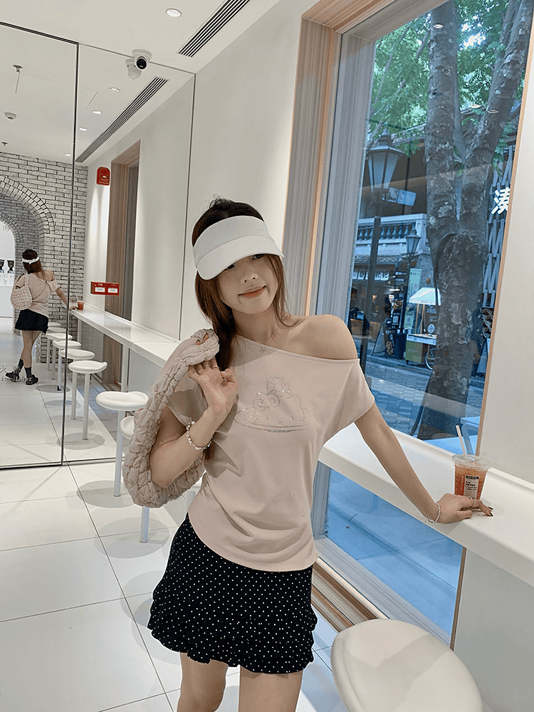 아메리칸 핫걸 비스듬한 칼라 오프숄더 고양이 핫픽스 반팔 티셔츠 여성 디자인 센스 몸매 가꾸기 슬림해 보이는 맨위 여름 상세 이미지 23