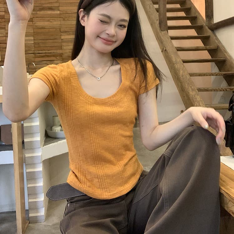 원본 원단 한 부서 파란색 u 칼라 긍정적 인 어깨 티셔츠 몸매 가꾸기 슬림해 보이는 쇼트 스타일 도파민 다용도 맨위 이미지 4