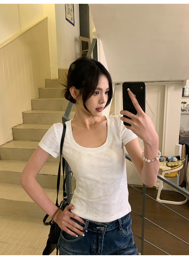 원본 원단 한 부서 파란색 u 칼라 긍정적 인 어깨 티셔츠 몸매 가꾸기 슬림해 보이는 쇼트 스타일 도파민 다용도 맨위 상세 이미지 16