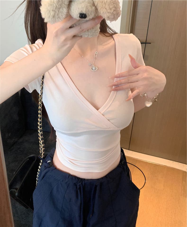 핫걸 보라색 깊은 V 넥 긍정적 인 어깨 반팔 티셔츠 여성 여름 몸매 가꾸기 슬림해 보이는 허리 수축 자이언트 잘 생긴 아름다운 쇼트 스타일 맨위 상세 이미지 9