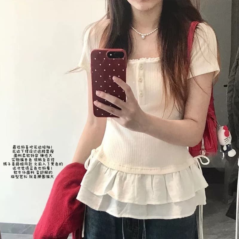 순수한 욕망 레이스 레이스 밑단 대 u 칼라 긍정적 인 어깨 반팔 티셔츠 여성 여름 디자인 센스 한 부서 몸매 가꾸기 허리 수축 맨위 이미지 5
