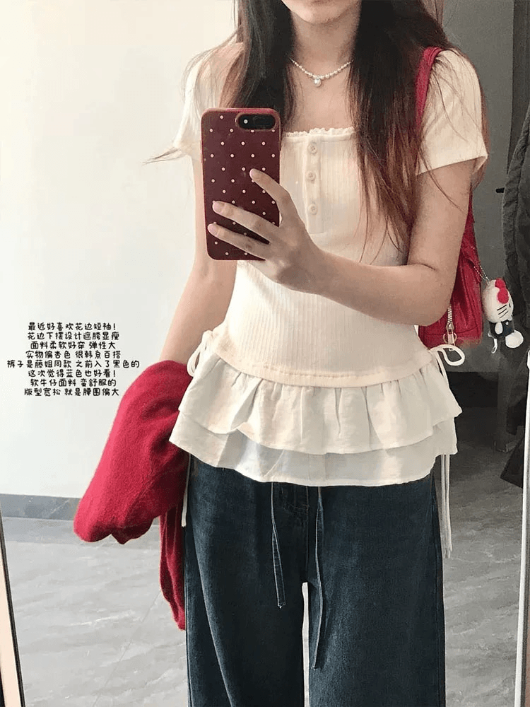 순수한 욕망 레이스 레이스 밑단 대 u 칼라 긍정적 인 어깨 반팔 티셔츠 여성 여름 디자인 센스 한 부서 몸매 가꾸기 허리 수축 맨위 상세 이미지 2