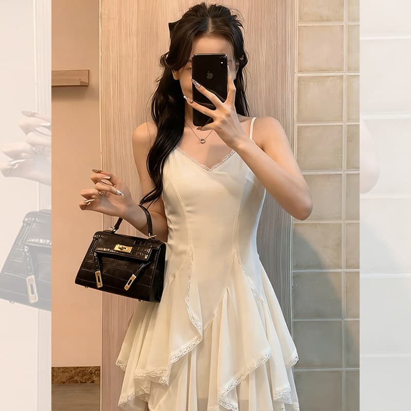 두꺼운 쉬폰 원단 네리 레이스 패치워크 디자인 센스 슬립 여성 드레스 봄 몸매 가꾸기 민소매 치마 이미지 4