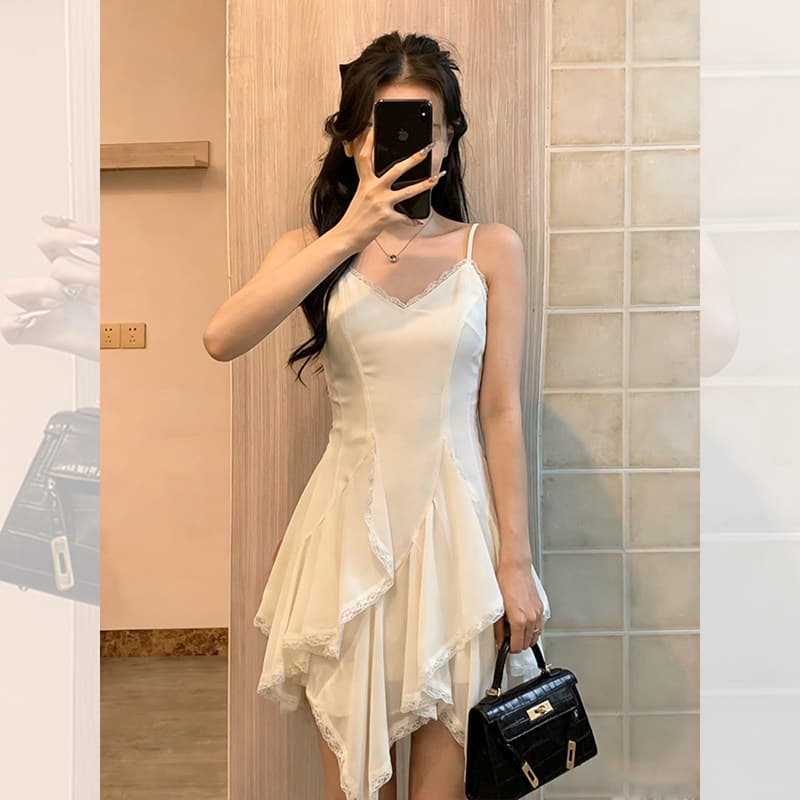 두꺼운 쉬폰 원단 네리 레이스 패치워크 디자인 센스 슬립 여성 드레스 봄 몸매 가꾸기 민소매 치마