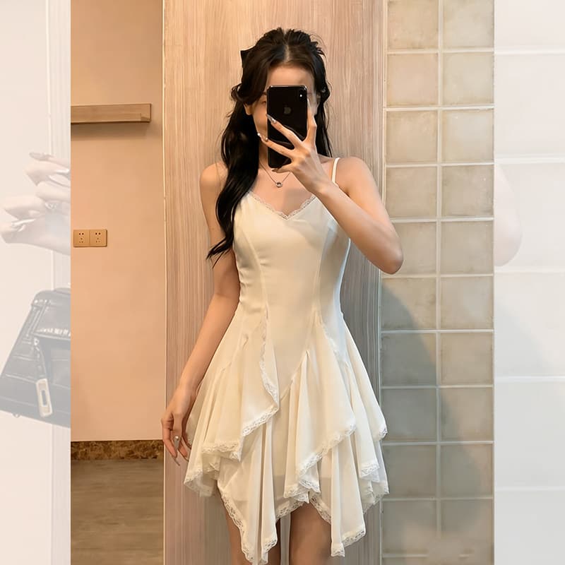 두꺼운 쉬폰 원단 네리 레이스 패치워크 디자인 센스 슬립 여성 드레스 봄 몸매 가꾸기 민소매 치마 이미지 5