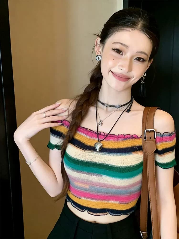 원본 원단 것 도파민 바람 색상 니트 스트라이프 여름 달콤한 매운맛 오프숄더 반팔 맨위 여성 상세 이미지 1