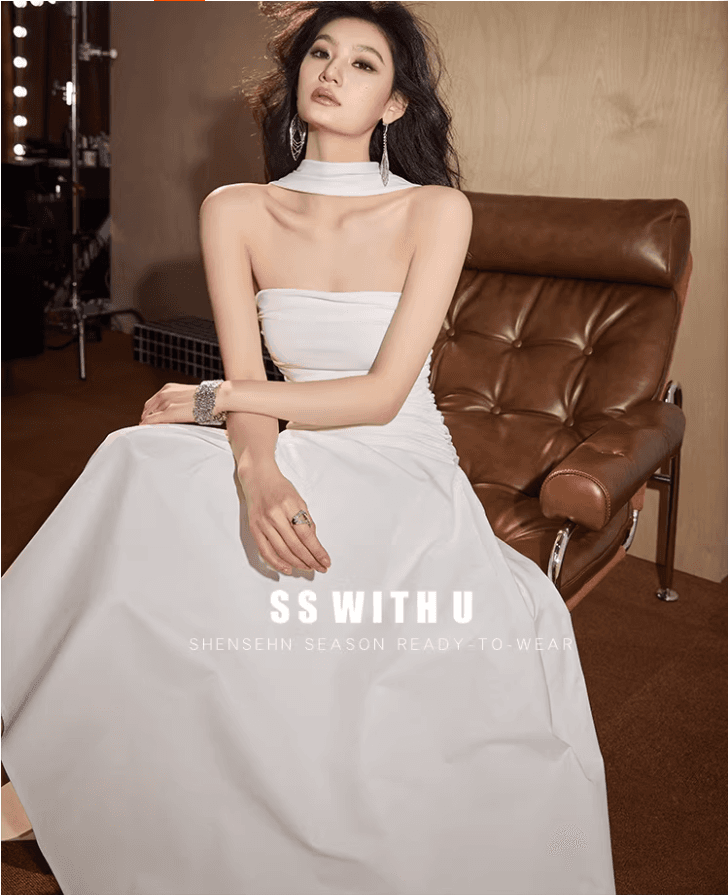 원본 것 있음 네리 아름다운 오프숄더 민소매 튜브탑 행침 목 드레스 첫사랑 하얀 달빛 프랑스식 롱 스커트 상세 이미지 6