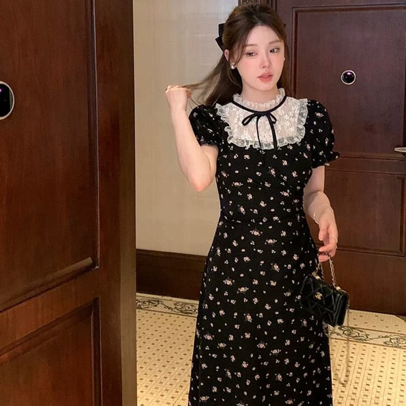 프랑스식 새로운 차 휴식 레이스 조각 검정색 꽃무늬 드레스 miu 부서 허리 수축 슬림해 보이는 레트로 작은 검은 색 치마 이미지 2