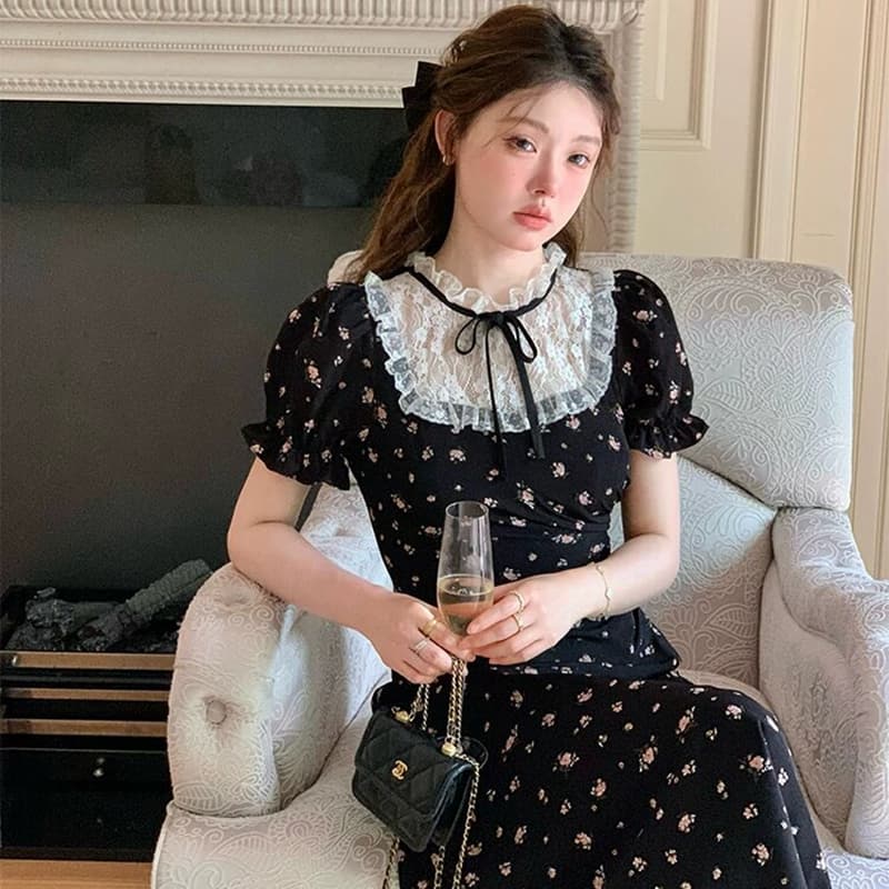 프랑스식 새로운 차 휴식 레이스 조각 검정색 꽃무늬 드레스 miu 부서 허리 수축 슬림해 보이는 레트로 작은 검은 색 치마 이미지 5