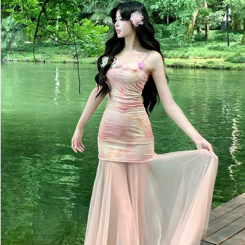 원본 것 있음 네리 섹시함 순수한 욕망 핑크색 꽃무늬 슬립 드레스 아름다운 망사 인어 꼬리 타이트 스커트 롱 스커트