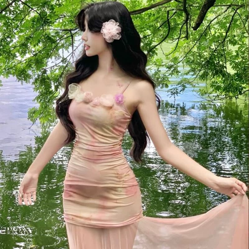 원본 것 있음 네리 섹시함 순수한 욕망 핑크색 꽃무늬 슬립 드레스 아름다운 망사 인어 꼬리 타이트 스커트 롱 스커트 이미지 5