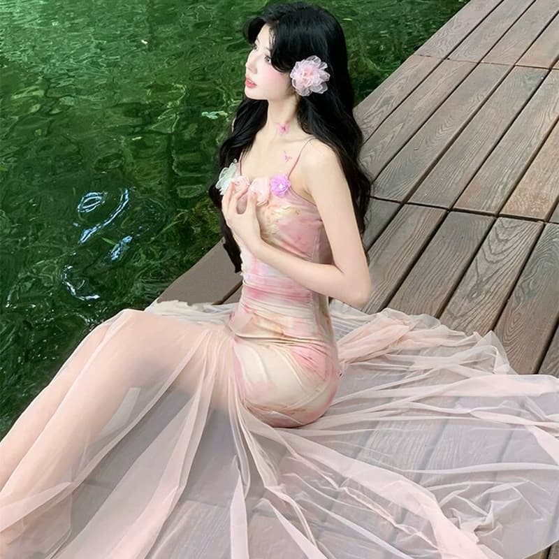 원본 것 있음 네리 섹시함 순수한 욕망 핑크색 꽃무늬 슬립 드레스 아름다운 망사 인어 꼬리 타이트 스커트 롱 스커트 이미지 3