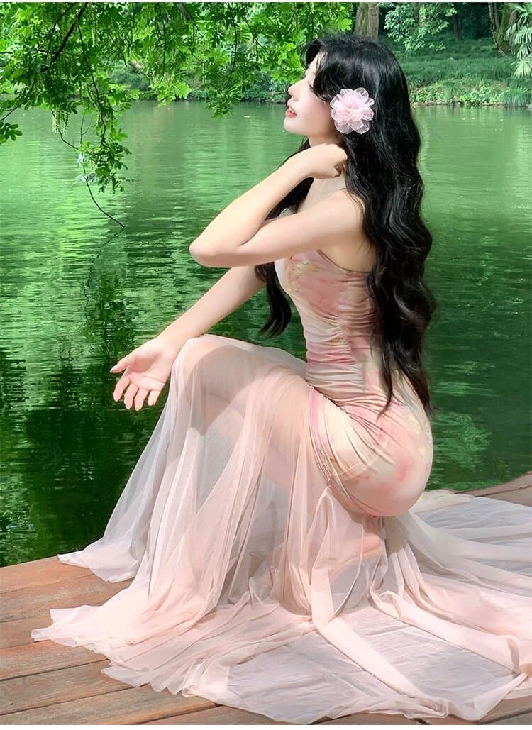 원본 것 있음 네리 섹시함 순수한 욕망 핑크색 꽃무늬 슬립 드레스 아름다운 망사 인어 꼬리 타이트 스커트 롱 스커트 상세 이미지 2