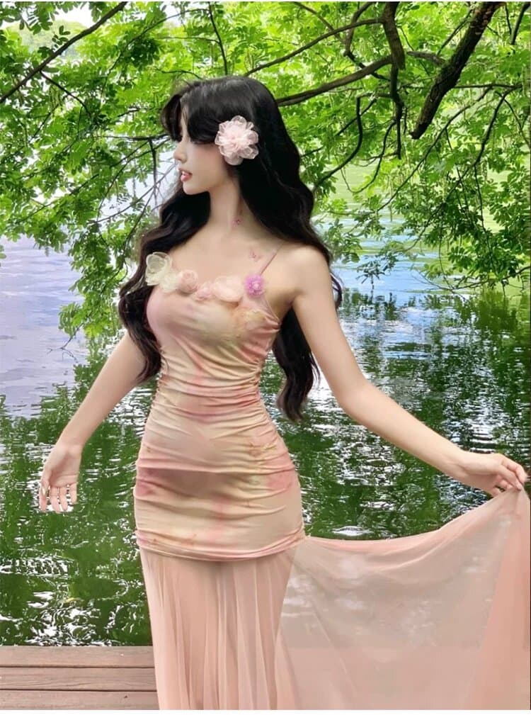 원본 것 있음 네리 섹시함 순수한 욕망 핑크색 꽃무늬 슬립 드레스 아름다운 망사 인어 꼬리 타이트 스커트 롱 스커트 상세 이미지 5