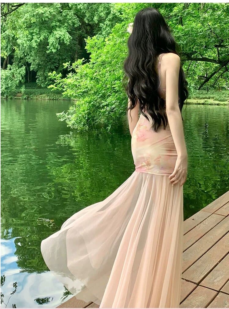 원본 것 있음 네리 섹시함 순수한 욕망 핑크색 꽃무늬 슬립 드레스 아름다운 망사 인어 꼬리 타이트 스커트 롱 스커트 상세 이미지 8