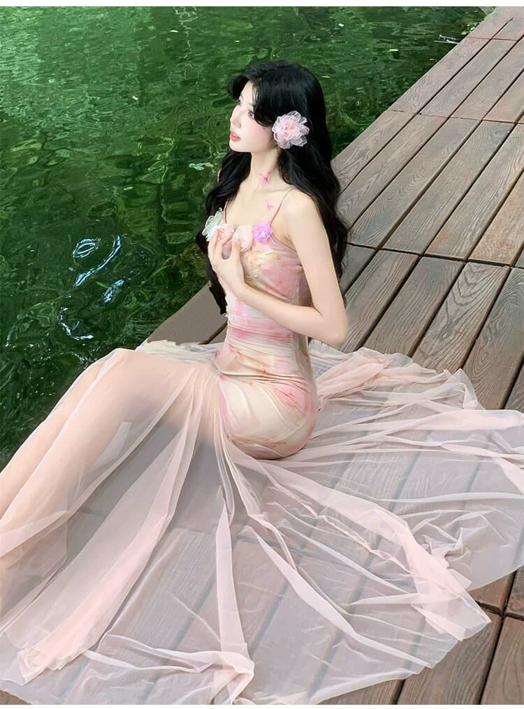 원본 것 있음 네리 섹시함 순수한 욕망 핑크색 꽃무늬 슬립 드레스 아름다운 망사 인어 꼬리 타이트 스커트 롱 스커트 상세 이미지 9