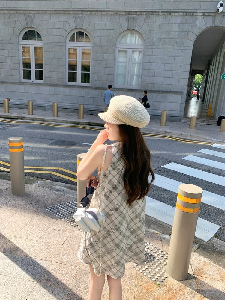 여름 새로운 프랑스식 민소매 체크무늬 행침 목 슬립 여성 드레스 작은 키 표지 배 슬림해 보이는 품격 조끼 스커트 상세 이미지 6