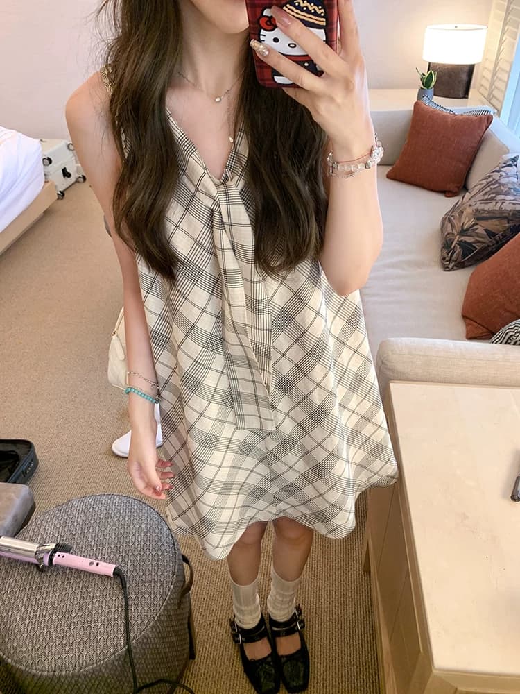 여름 새로운 프랑스식 민소매 체크무늬 행침 목 슬립 여성 드레스 작은 키 표지 배 슬림해 보이는 품격 조끼 스커트 상세 이미지 7