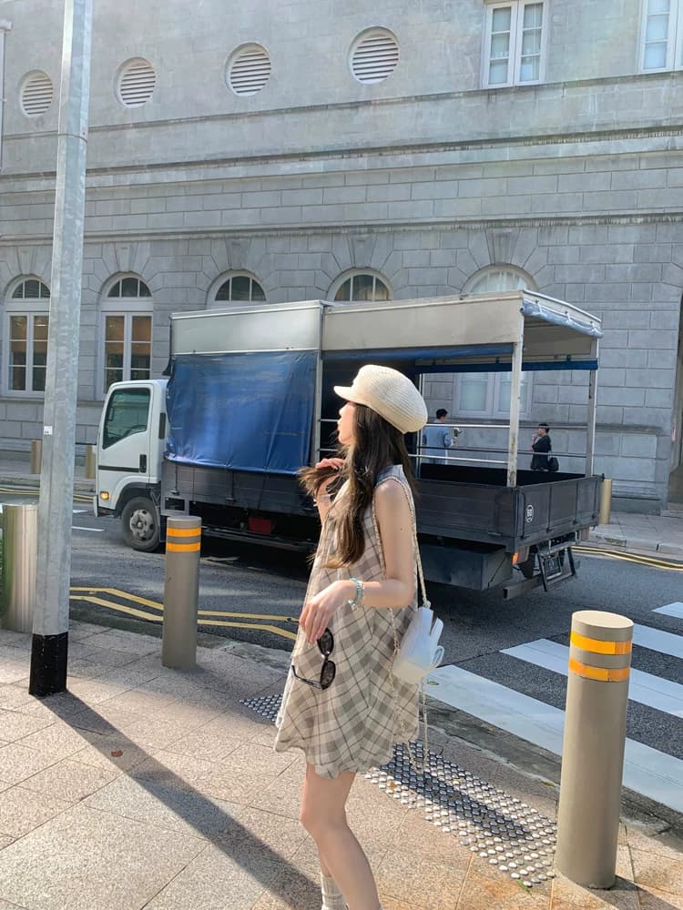 여름 새로운 프랑스식 민소매 체크무늬 행침 목 슬립 여성 드레스 작은 키 표지 배 슬림해 보이는 품격 조끼 스커트 상세 이미지 9