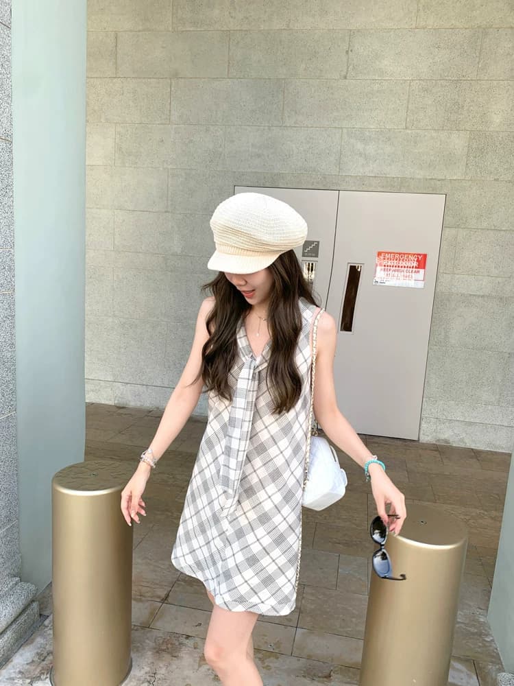 여름 새로운 프랑스식 민소매 체크무늬 행침 목 슬립 여성 드레스 작은 키 표지 배 슬림해 보이는 품격 조끼 스커트 상세 이미지 18