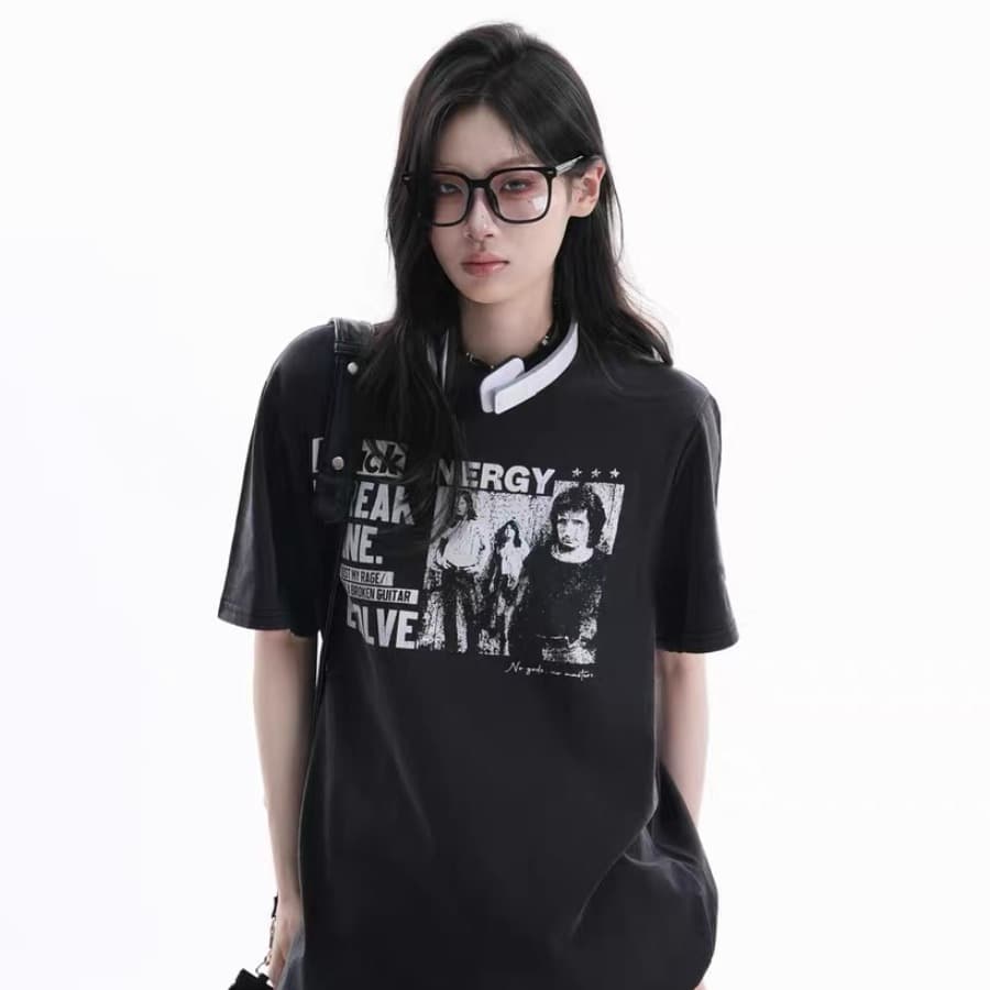 순면 230 크 워싱 마 오래된 프린트 반팔 티셔츠 여성