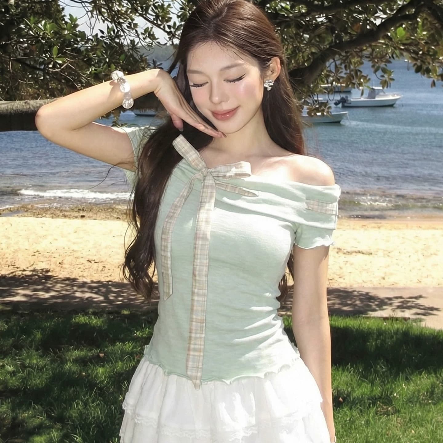 원본 원단 한 부서 달콤한 스타일 오프숄더 레이스업 레이스 반팔 티셔츠 여성 박하 녹색 다용도 맨위 이미지 5