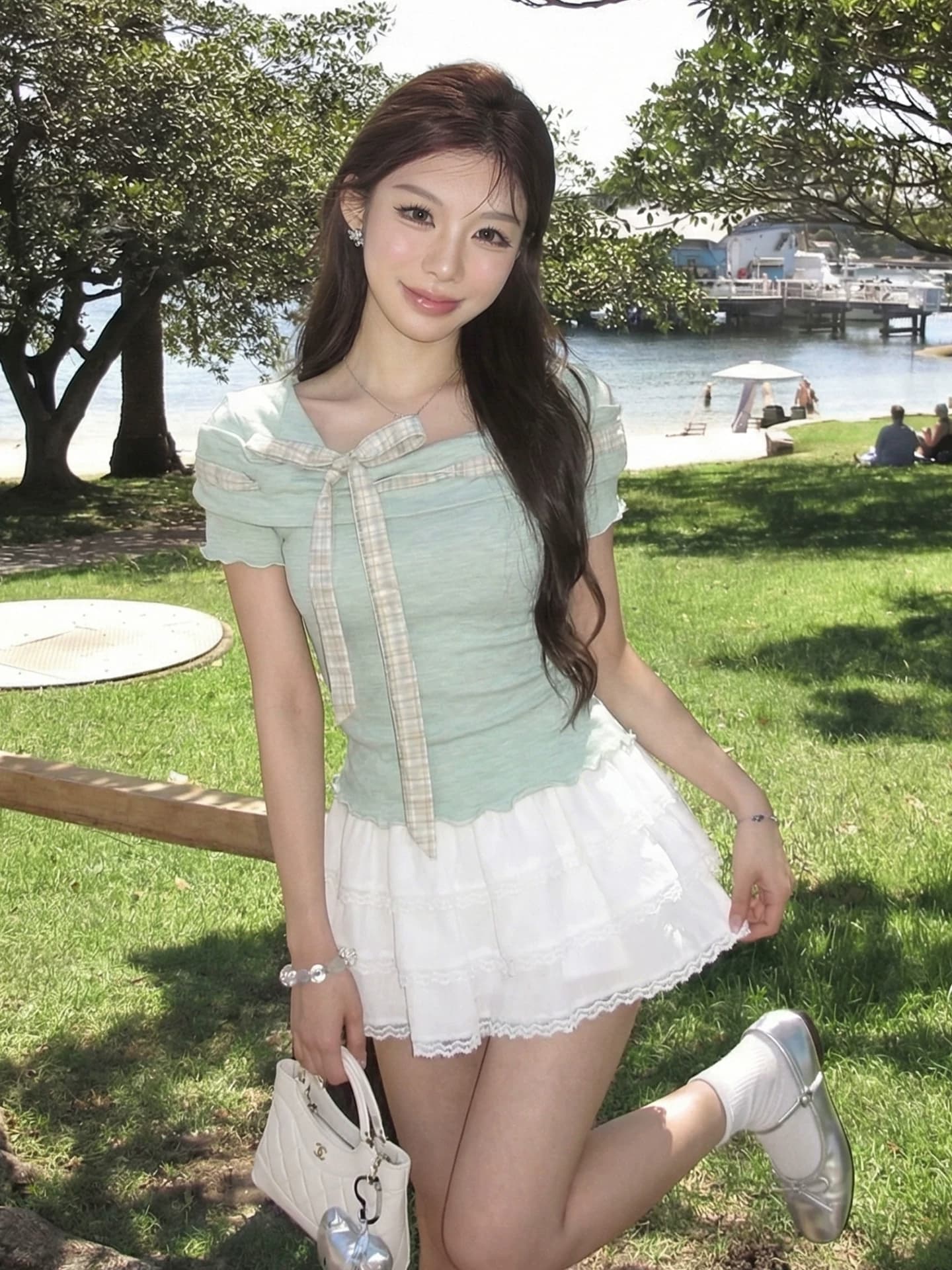 원본 원단 한 부서 달콤한 스타일 오프숄더 레이스업 레이스 반팔 티셔츠 여성 박하 녹색 다용도 맨위 상세 이미지 6
