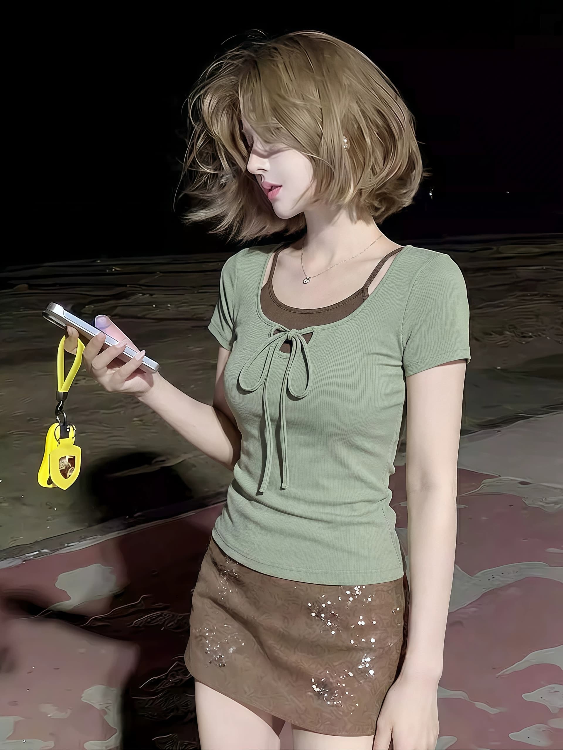 사람들 면 260 그램 녹색 광장 칼라 스트랩 긍정적 인 어깨 반팔 티셔츠 여성 여름 2026 슬립 맨위 투피스 세트