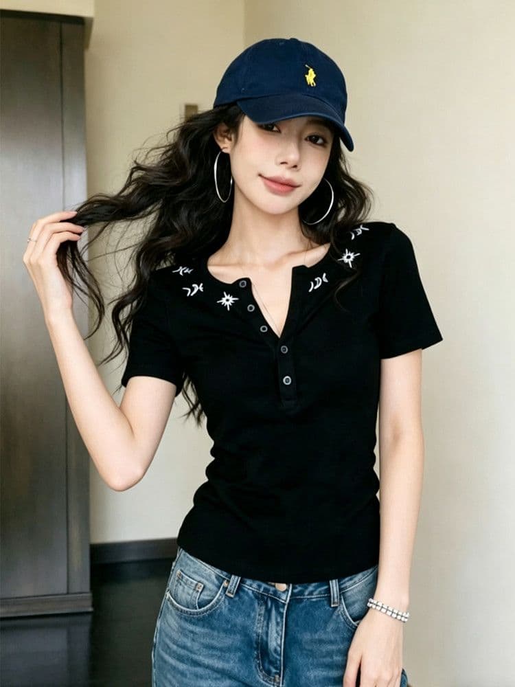 사람들 면 260 그램 아메리칸 핫걸 바람 검정색 헨리 칼라 긍정적 인 어깨 반팔 티셔츠 여성 여름 디자인 센스 몸매 가꾸기 트렌디 상세 이미지 1