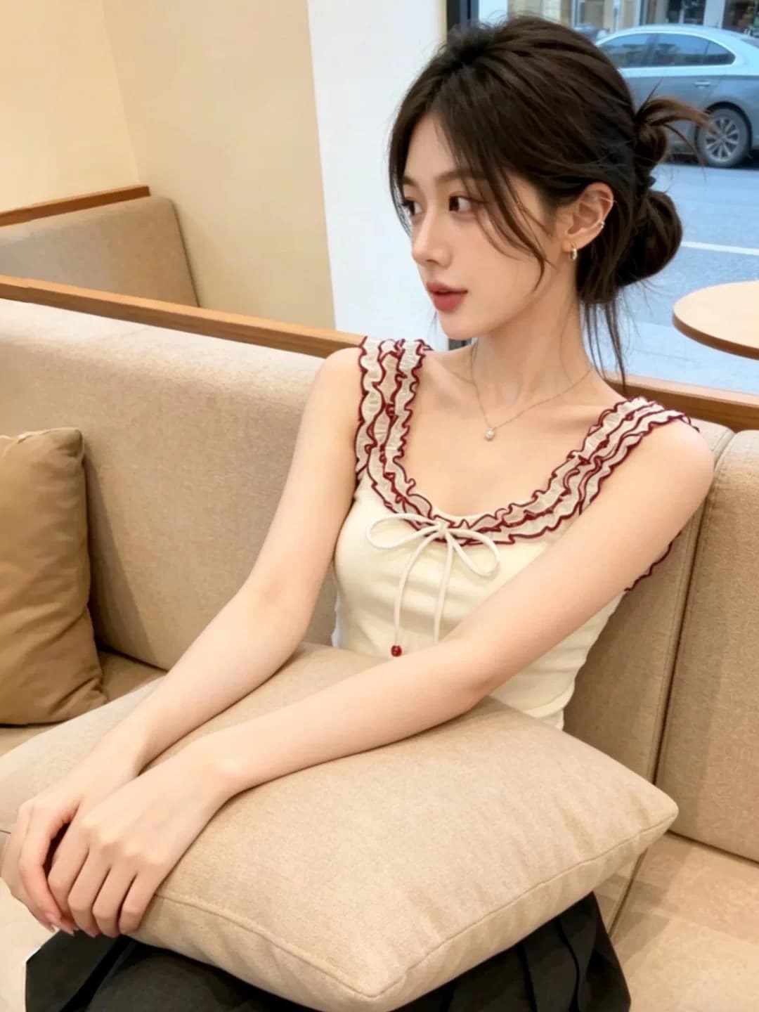 사람들 면 260 그램 나비 넥타이 목이버섯 레이스 2026 여름 민소매 조끼 민소매 슬립 맨위 상세 이미지 2