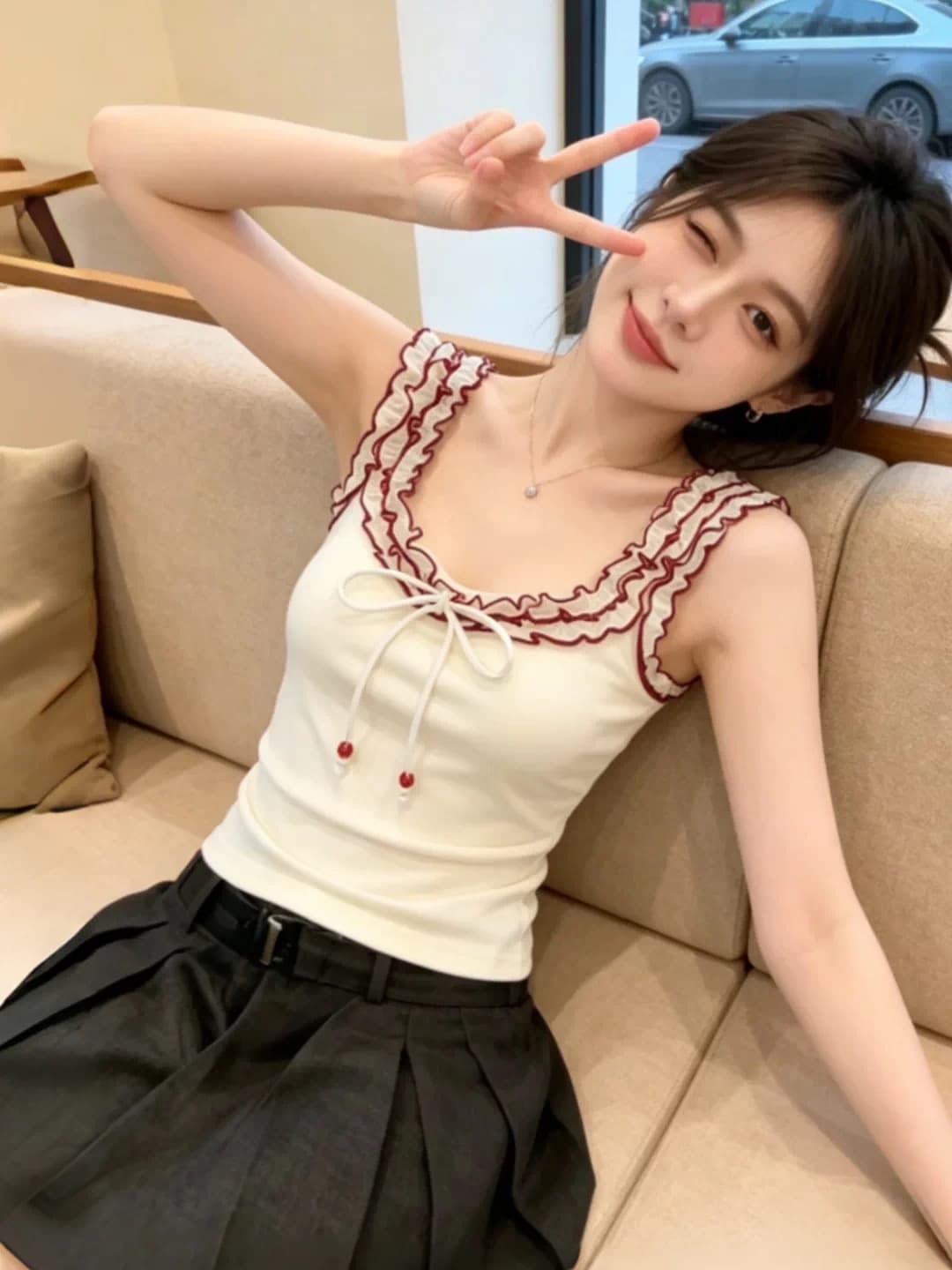 사람들 면 260 그램 나비 넥타이 목이버섯 레이스 2026 여름 민소매 조끼 민소매 슬립 맨위 상세 이미지 3