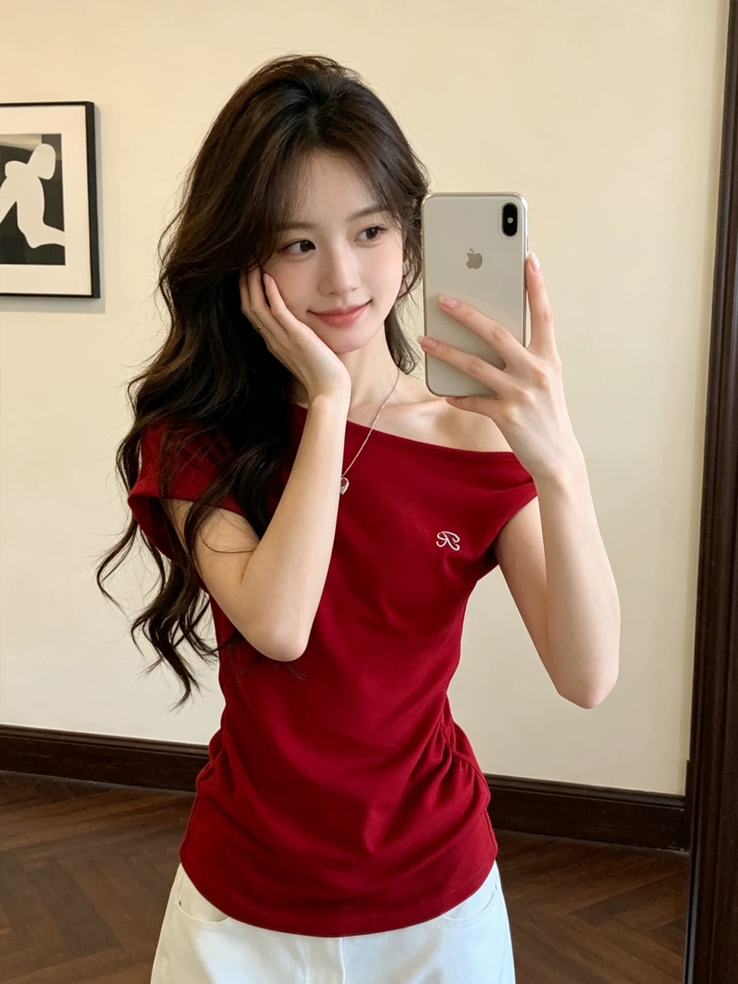 사람들 면 260 그램 핫걸 빨간색 비스듬한 어깨 반팔 티셔츠 여성 몸매 가꾸기 디자인 센스 오프숄더 고유 한 아름다운 맨위 이미지 2