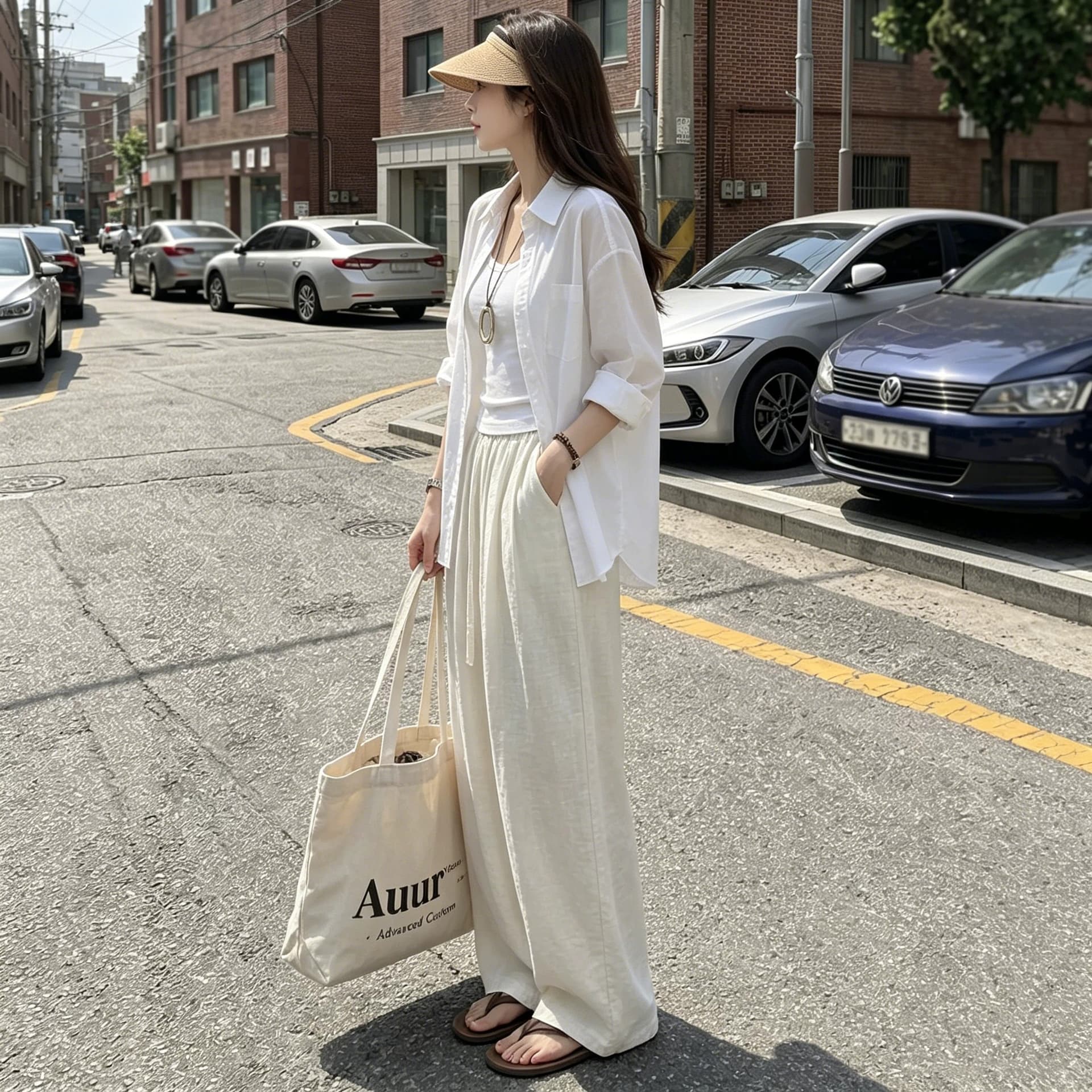 일본식 아마 모통이 칼 바지 여성 여름 얇은 스타일 하이웨이스트 도루 센스 오래된 돈 바람 지방 mm 빅 사이즈 자외선 차단 면 린넨 와이드 레그 팬츠 이미지 3